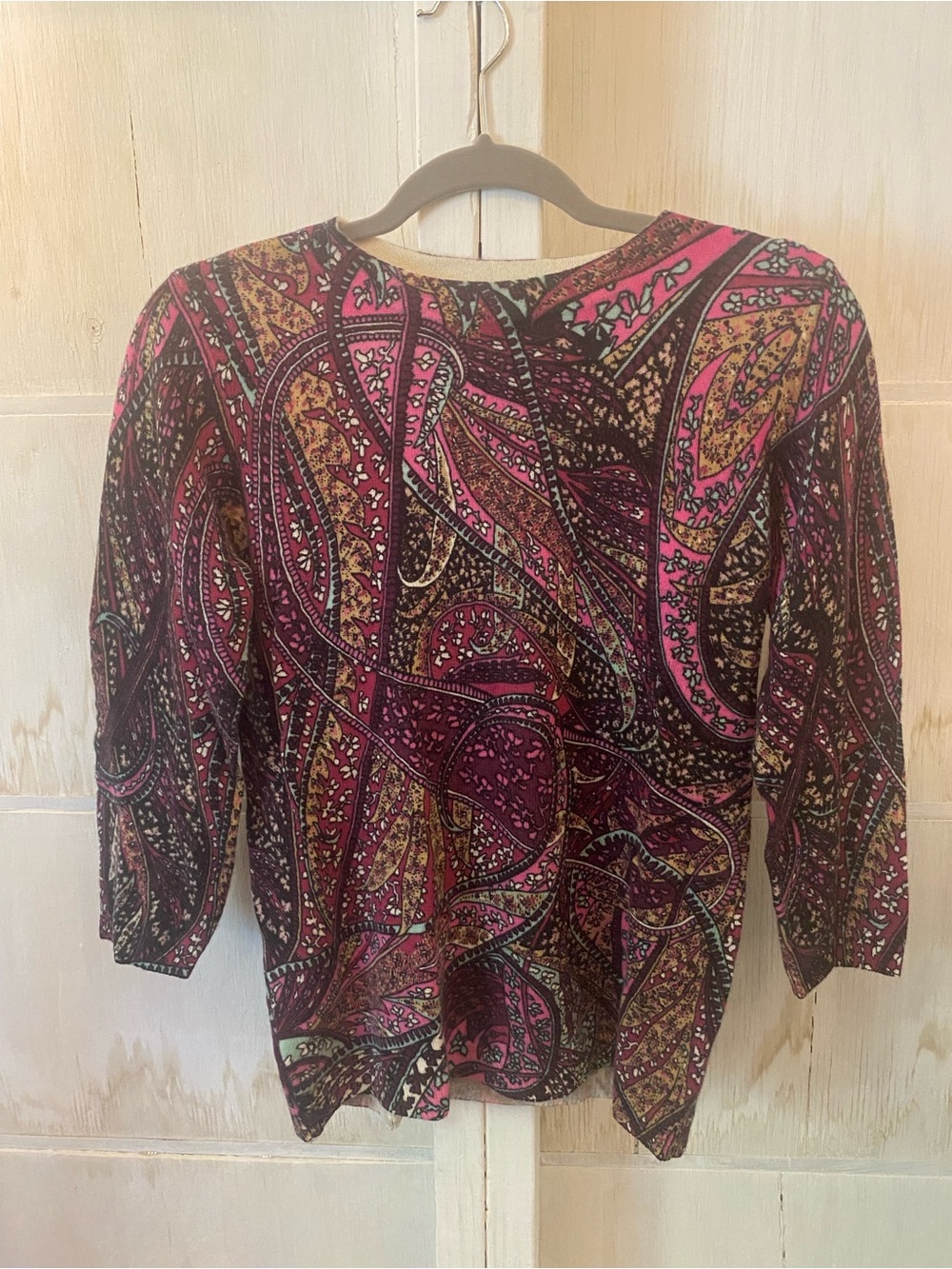 Talbots Paisley Print Long Sleeve Cashmere Sweater in Pink Brown Medium Petite